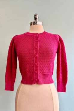 Magenta Puff Sleeve Cropped Cardigan