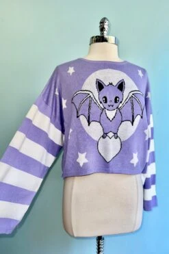 Bat Purple Cropped Striped Sleeve Kamiko Sweater By Banned