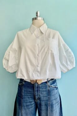 White Cropped Embroidered Sleeve Button Down Top