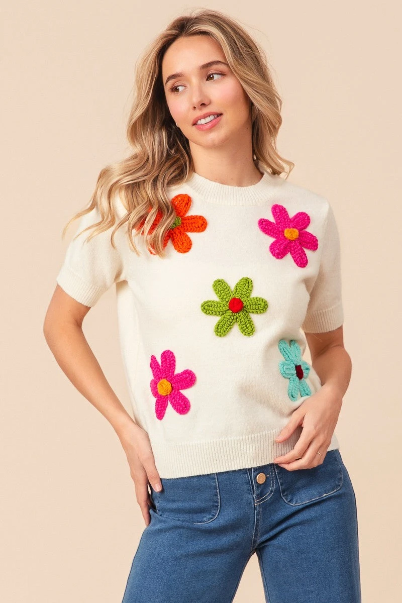Ivory Short Sleeve Sweater with Embroidered Flowers Ivory Short Sleeve Sweater With Embroidered Flowers -MODERN MILLIE Shop 098fa1aa 1b73 49ec be52 babfe7dbf24e