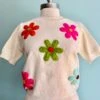 Ivory Short Sleeve Sweater With Embroidered Flowers