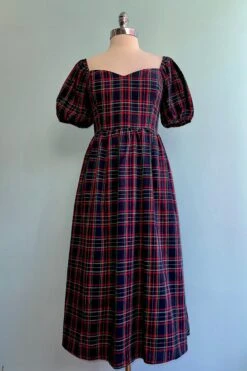 Navy Plaid Alessi Puff Sleeve Midi Dress