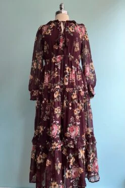 Tie Front Floral Maxi Dress In Burgundy