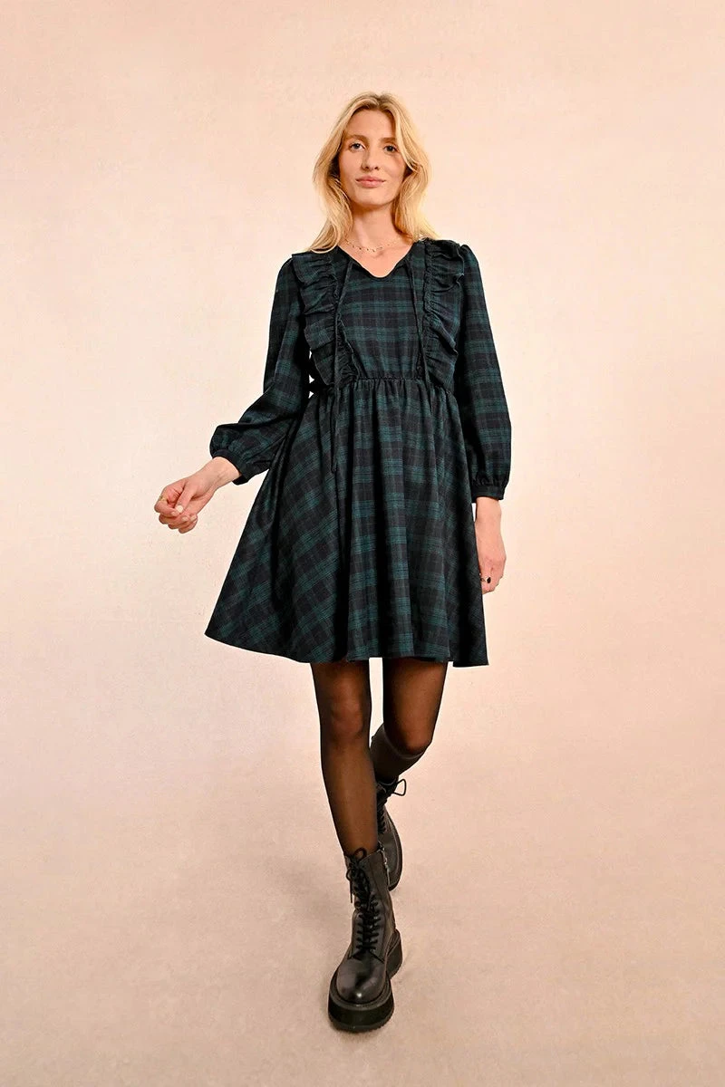 Navy Plaid Ruffle Mini Dress by Molly Bracken Navy Plaid Ruffle Mini Dress By Molly Bracken -MODERN MILLIE Shop 134661