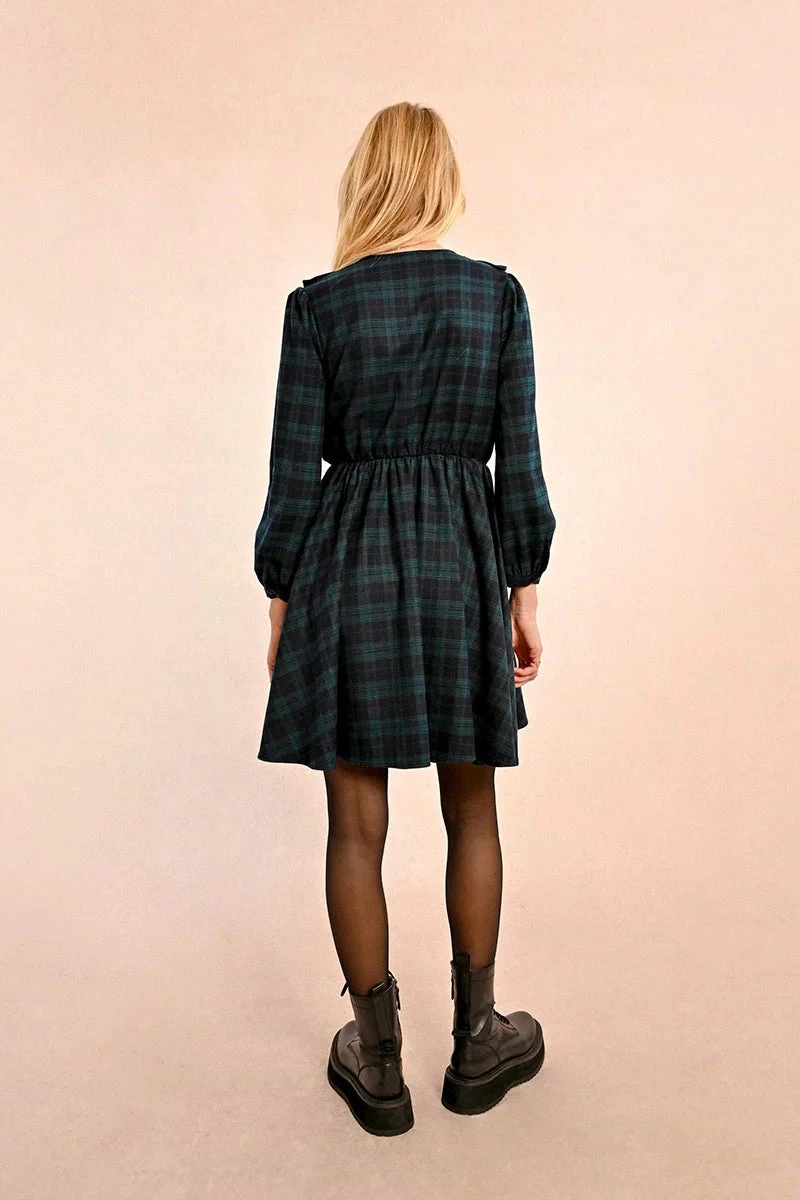 Navy Plaid Ruffle Mini Dress by Molly Bracken Navy Plaid Ruffle Mini Dress By Molly Bracken -MODERN MILLIE Shop 134664