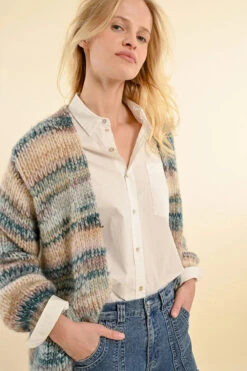 Chunky Knit Open Cardigan In Blue And Tan By Molly Bracken -MODERN MILLIE Shop 135660