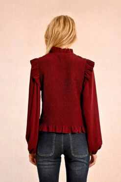 Burgundy Ruffled And Smocked Blouse By Molly Bracken -MODERN MILLIE Shop 136516
