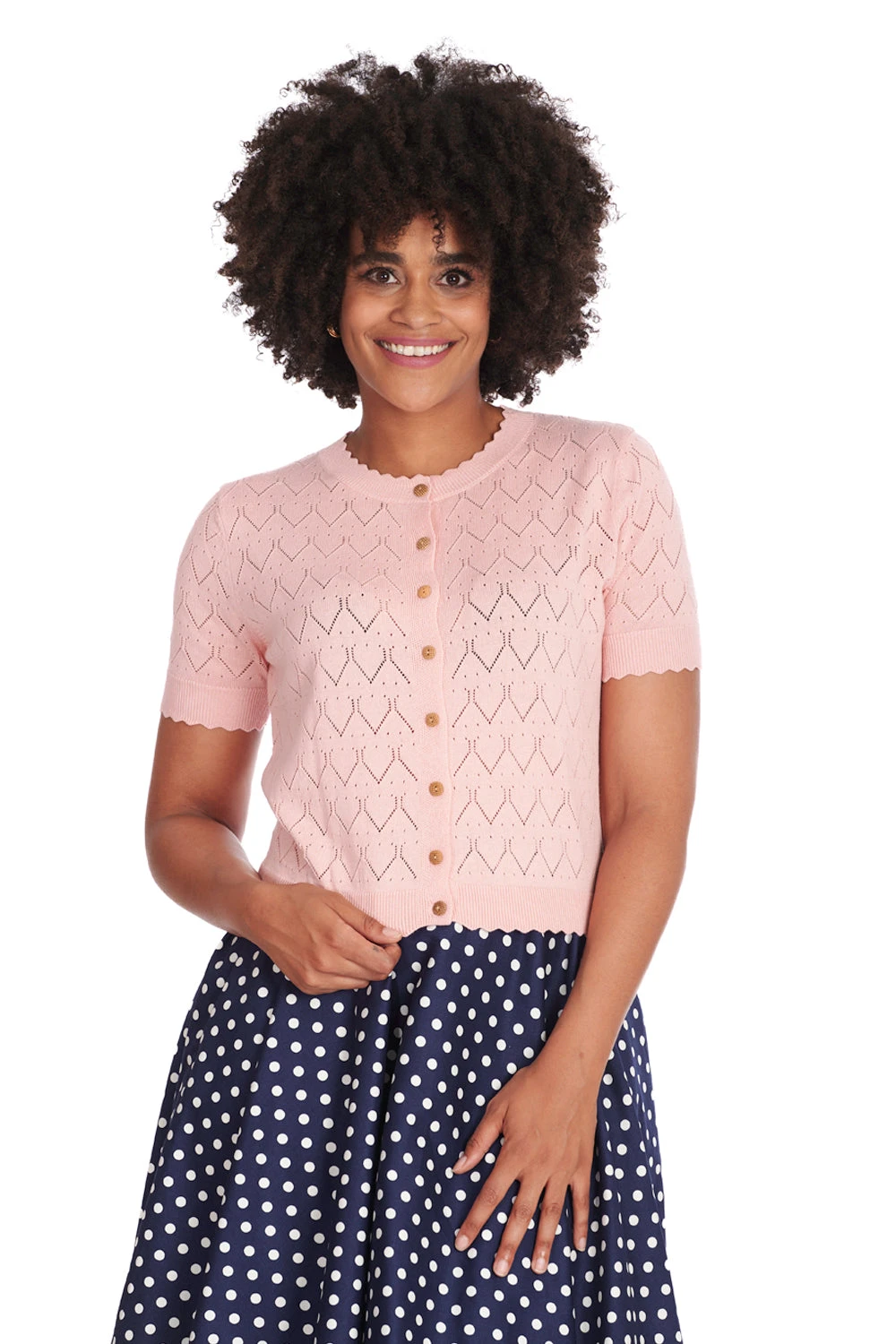 Scalloped Short Sleeve Cardigan in Pink by Banned Scalloped Short Sleeve Cardigan In Pink By Banned -MODERN MILLIE Shop 169037900506 29 CA21131BLUSHSK25567NAVY 662