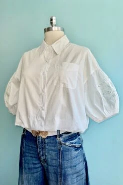 White Cropped Embroidered Sleeve Button Down Top -MODERN MILLIE Shop 16F63A36 FE1A 4337 AF6C C14E240AAF39