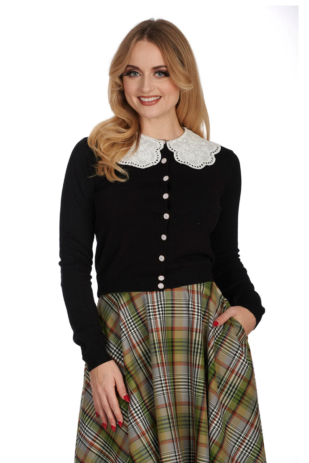 Polly Doily Collar Cardigan in Black by Banned Polly Doily Collar Cardigan In Black By Banned -MODERN MILLIE Shop 1706030200SK25632GREENCA21204BLK2792