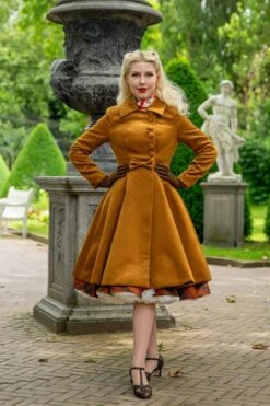 Caroline Swing Coat In Ochre Brown By Hearts & Roses London
