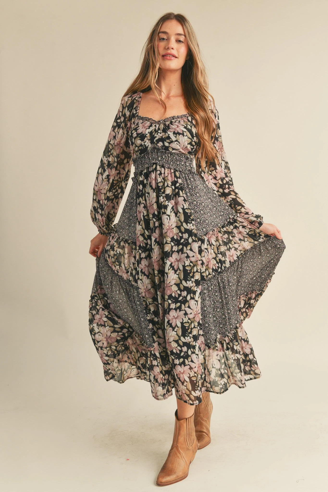 Black Mixed Patchwork Ruffle Trim Midi Dress Black Mixed Patchwork Ruffle Trim Midi Dress -MODERN MILLIE Shop 19753082 d8b7dd63 0413 461f b889 97c898a18396