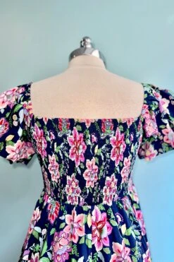 Navy And Pink Puff Sleeve Empire Midi Dress -MODERN MILLIE Shop 197EEA24 727E 4254 ACC3 878DAFCA3DA8