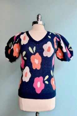 Navy Floral Puff Sleeve Sweater