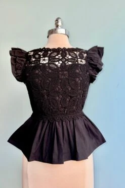 Black Crochet Ruffle Sleeve Top
