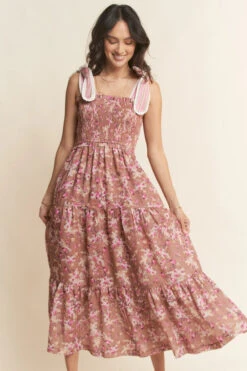 Tan And Rose Tie Shoulder Smocked Midi Dress