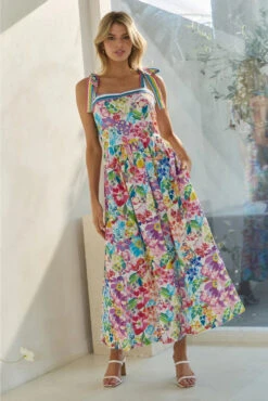 Rainbow Floral Tie-Shoulder Midi Dress