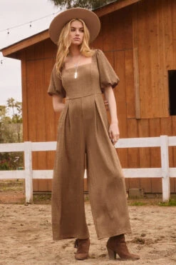 Sand Puff Sleeve Wide Leg Jumpsuit