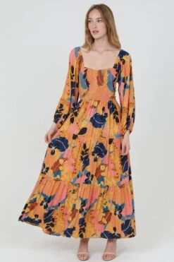 Orange Floral Maxi Dress With Crocheted Sleeves By Angie