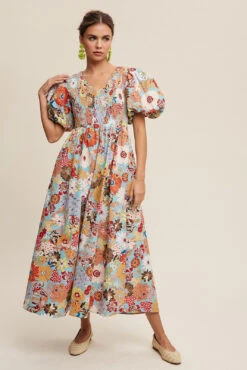 Light Blue And Orange Floral Puff Sleeve Midi Dress