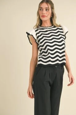 Black And Ivory Wave Ruffle Sleeveless Sweater -MODERN MILLIE Shop 21331319 50c2a14e 2f2d 47c3 800f 60185adbf718