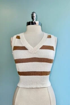 Dark Almond And Ivory Striped Cropped Sweater Vest