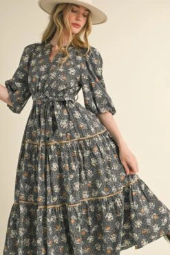 Black Floral And Leaf Ric-Rac Trim Midi Dress