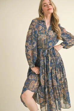 Paisley Print Midi Dress In Navy