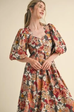 Burgundy And Charcoal Bubble Sleeve Midi Dress