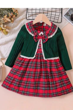 Kids Red Red Plaid Dress And Cardigan Set