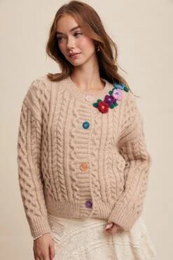 Oatmeal Flower Detail Cable Knit Button Front Cardigan -MODERN MILLIE Shop 22251168 f249d486 ae94 4c7d be1a 703d74960f77