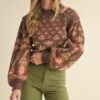 Final Sale Brown Pearl Embellished Puff Sleeve Sweater