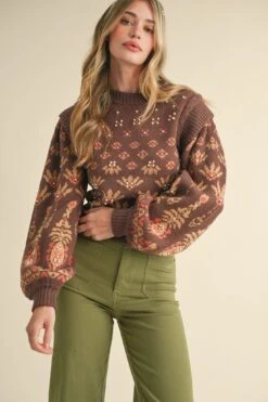 Final Sale Brown Pearl Embellished Puff Sleeve Sweater