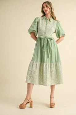 Striped Eyelet Button Down Dress In Green