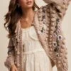 Tan Embroidered And Tufted Dot Cable Knit Cardigan