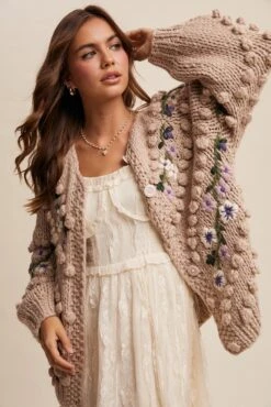 Tan Embroidered And Tufted Dot Cable Knit Cardigan