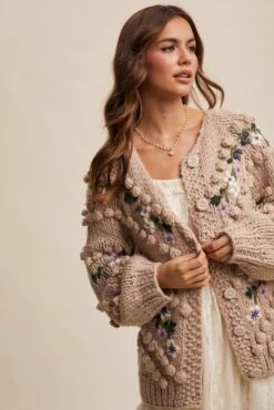 Tan Embroidered And Tufted Dot Cable Knit Cardigan -MODERN MILLIE Shop 22584096 66f190bb 6182 46b5 a100 3f001aa36442