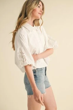 White Cropped Embroidered Sleeve Button Down Top -MODERN MILLIE Shop 22798923 6a81bee4 75f4 4635 b7f6 4234fbc0795a