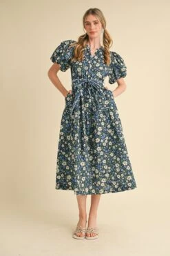 Navy Floral Puff Sleeve Midi Dress