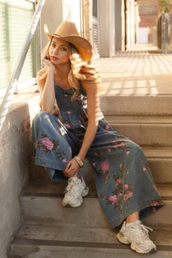 Floral Denim Wide Leg Jumpsuit