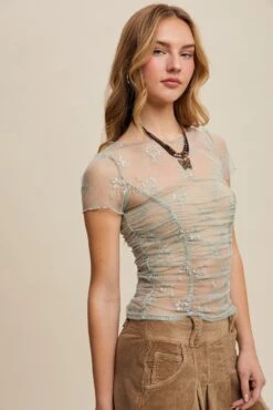 Sage Ruched Short Sleeve Mesh Top -MODERN MILLIE Shop 22997317 040b68ac f87c 4fe8 ae6e f0ee6098f08e