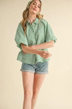 Green Striped Button Down Balloon Sleeve Top -MODERN MILLIE Shop 23020919 5326540b 79d6 4acc a64a 5471255afdc5
