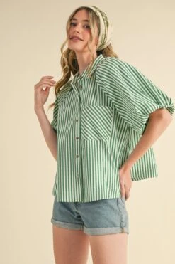 Green Striped Button Down Balloon Sleeve Top -MODERN MILLIE Shop 23020919 9fb31809 98b0 4588 89b0 119e7d3c89fe