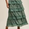 Eucalyptus Tiered Lace And Rose Jacquard Mesh Midi Skirt