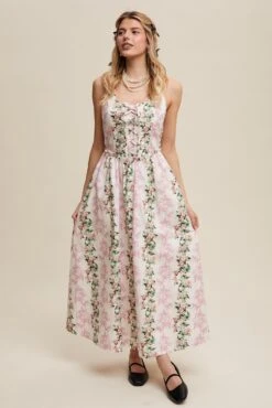 Corset Lace-Up Pink Floral Tank Maxi Dress