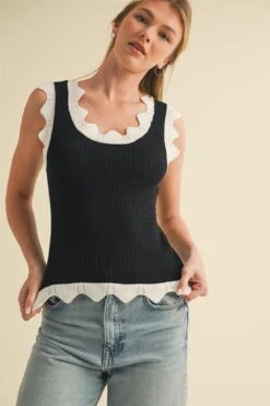 Black And White Scalloped Pointelle Knit Tank Top -MODERN MILLIE Shop 23360316 da4cabe1 a1bb 40f5 ba0e e4de4baef85c