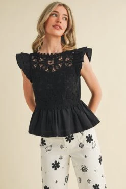 Black Crochet Ruffle Sleeve Top -MODERN MILLIE Shop 23726463 dd355d93 d24a 49f6 91a8 31ea587384be