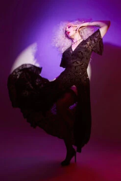 Lydia Wrap Dress In Black Flocked Bats Mesh By Wax Poetic