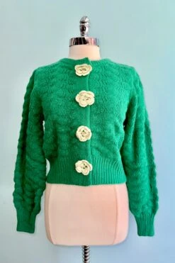 Green Knit Cardigan With Rosette Detail