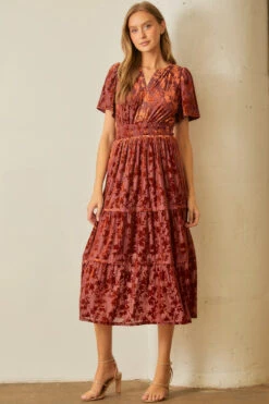 Burnout Velvet Midi Dress In Burgundy